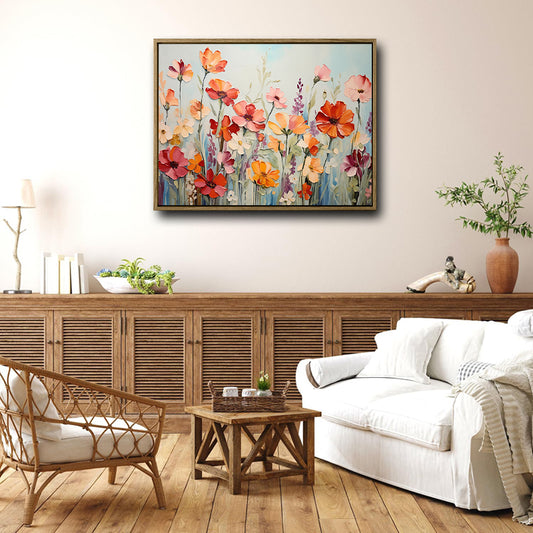 Vibrant Wildflower Field Wall Art, Orange Red Poppy Floral Impasto Oil Painting Canvas Print, Farmhouse Living Room Decor