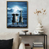 Elephant and Giraffe Watching Full Moon Over Ocean Canvas Wall Art, Wild Animals on Seaside Rock Vertical Print, Mystical Night Seascape Living Room Bedroom Wall Decor