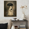 Vintage Ghost Holding Black Cat Umbrella Rainy Halloween Framed Wall Art Print