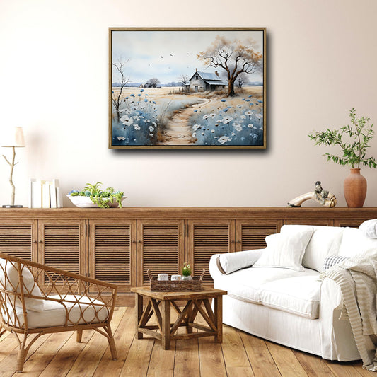 Rustic Old Farmhouse Canvas Print, Blue Wildflower Country Rural Landscape Wall Art