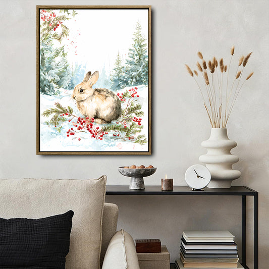 Winter Bunny Framed Wall Art Watercolor Snow Forest Rabbit Christmas Farmhouse Print