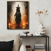 Mysterious Dark Witch Fire Scene Framed Canvas Wall Art, Gothic Halloween Wall Decor