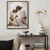 Inspirational Prayer Canvas Wall Art, Jesus Kneeling With Praying Woman Neutral Palette Impasto Religious Poster