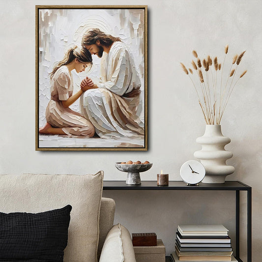 Inspirational Prayer Canvas Wall Art, Jesus Kneeling With Praying Woman Neutral Palette Impasto Religious Poster