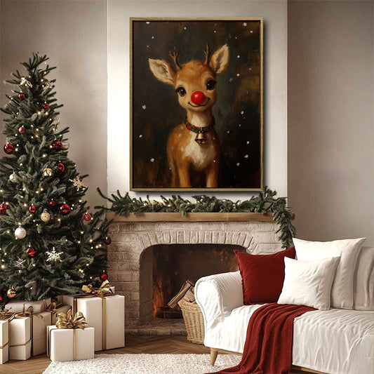 Cute Rudolph Reindeer Framed Wall Art Vintage Oil Painting Christmas Holiday Print