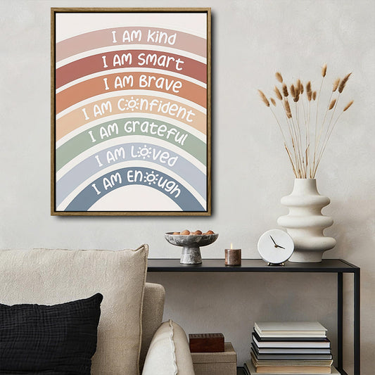 Neutral Pastel Rainbow Affirmation Canvas Print, I Am Kind Smart Brave Inspirational Kids Wall Art