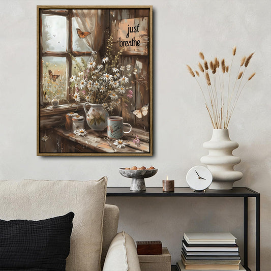 Vintage Country Window Still Life Wall Decor, White Daisy Butterfly "Just Breathe" Motivational Canvas Art, Vertical Shabby Chic Farmhouse Cottage Artwork