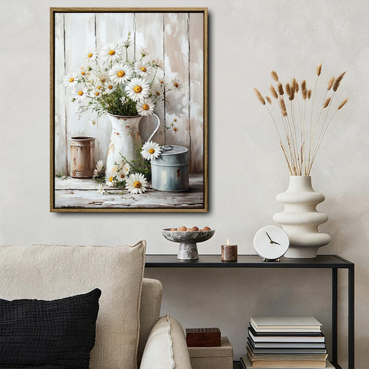 Shabby Chic Country Still Life Wall Decor, White Daisies In Distressed Cream Pitcher With Metal Canisters On Weathered Planks Canvas Art, Vertical Cottage Farmhouse Floral Artwork