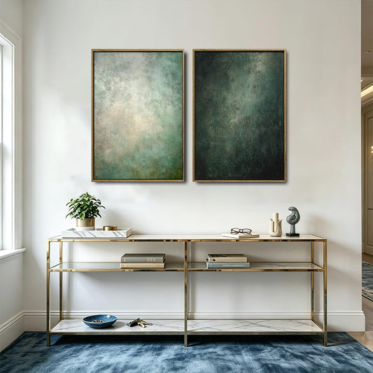 2 Piece Neutral Emerald Green Blended Abstract Canvas Prints Distressed Texture Japandi Minimalist Contemporary Wall Art