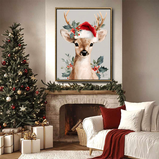 Cute Christmas Deer Santa Hat Framed Wall Art Watercolor Farmhouse Holiday Print