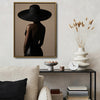 Moody Fashion Portrait Canvas Poster, Chic Woman From Behind With Oversized Black Hat Artwork for Vanity Room Gallery Wall Decor
