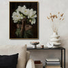 Black Woman With White Peony Flowers Canvas Wall Art, Elegant African American Woman Floral Portrait Painting, Dark Moody Botanical Lady Wall Decor