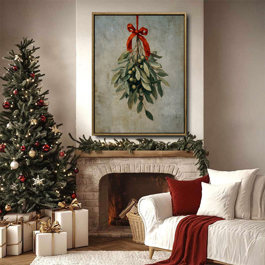 Vintage Mistletoe Red Bow Framed Wall Art Oil Painting Farmhouse Christmas Print