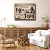 Farmhouse Christian Canvas Wall Art, Coffee & Jesus Quote Vintage Wooden Plank Poster, Coffee Bar Religious Sign