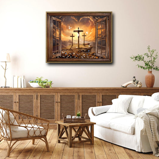 Vintage Christian Cross Wall Print, Open Wooden Window Sunset Mountain Dove Faith Inspirational Home Decor