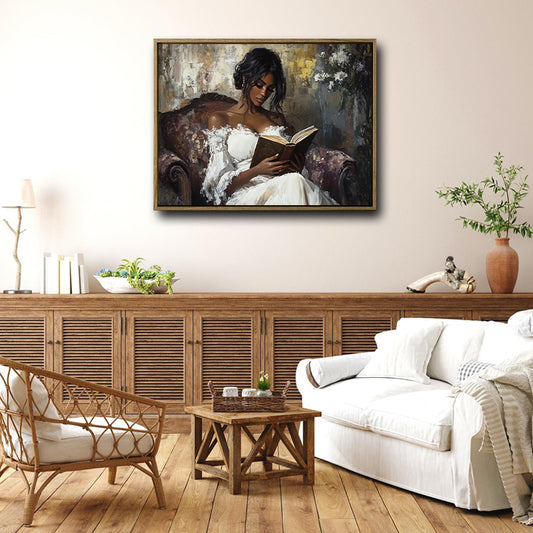 Elegant Black Woman Reading Canvas Print, Vintage Textured Oil Painting Female Portrait Wall Art