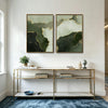 2 Piece Muted Dark Emerald Green Gold Line Abstract Canvas Prints Modern Organic Fluid Ink Neutral Wall Art