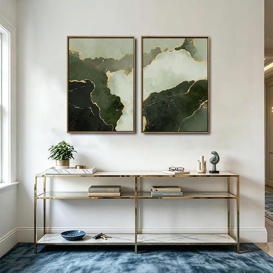 2 Piece Muted Dark Emerald Green Gold Line Abstract Canvas Prints Modern Organic Fluid Ink Neutral Wall Art