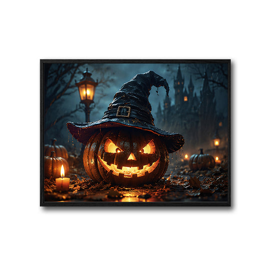 Witch Hat Glowing Jack O Lantern Haunted Castle Halloween Canvas Wall Art