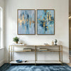 2 Piece Modern Coastal Blue Gold Leaf Abstract Canvas Prints Vertical Brushstroke Painting Contemporary Wall Art