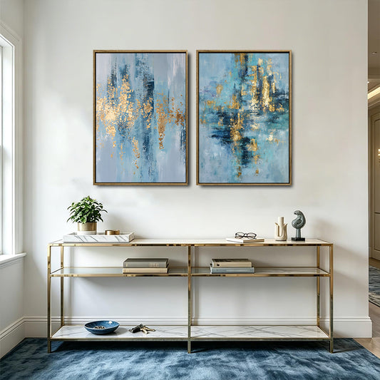 2 Piece Modern Coastal Blue Gold Leaf Abstract Canvas Prints Vertical Brushstroke Painting Contemporary Wall Art