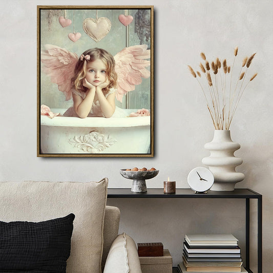 Pastel Little Angel Girl Canvas Print, Pink Wings Hearts Shabby Chic Nursery Wall Art