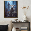 Good Shepherd Jesus Chasing Lost Lamb In Moody Misty Forest Framed Canvas Print, Inspirational Biblical Christian Wall Art