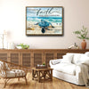 Farmhouse Christian Coastal Wall Decor, Sea Turtle Walking On Beach With Quote I Will Walk By Faith Even When I Cannot See 2 Corinthians 5:7, Distressed Wood Background Nautical Inspirational Horizontal Canvas Artwork