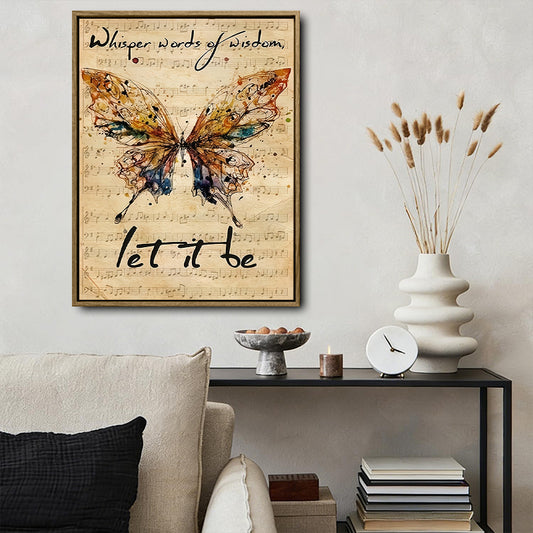 Let It Be Whisper Words of Wisdom Framed Wall Art Vintage Butterfly Music Lyric Print