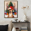 Vintage Christmas Reindeer Canvas Print, Cute Deer Wearing Santa Hat with Gifts & Christmas Tree Wall Art