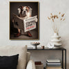 Whimsical Bulldog Poster, Bulldog Sitting On Toilet With Dress Shoes Reading Newspaper, Humorous Bathroom Wall Print for Dog Lovers