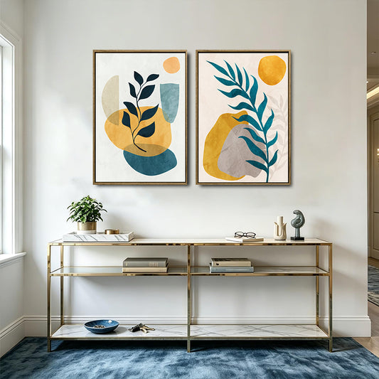 Set of 2 Teal & Mustard Yellow Boho Botanical Abstract Canvas Wall Art