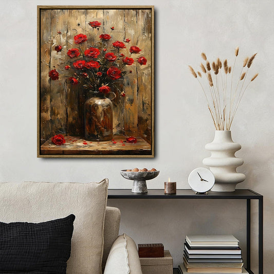 Dark Farmhouse Wall Decor, Vibrant Red Ranunculus Bouquet In Weathered Brown Jug Distressed Rustic Wood Background Vertical Canvas Art, Moody Vintage Floral Still Life Artwork