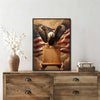 Patriotic Bald Eagle with Flaming Star Canvas Wall Art Framed, Light Oak Frame, USA Flag Themed Decor, 4th of July Gift for Veterans & Patriotic Home
