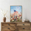 Patriotic Bald Eagle with Flaming Star Canvas Wall Art Framed, Light Oak Frame, USA Flag Themed Decor, 4th of July Gift for Veterans & Patriotic Home