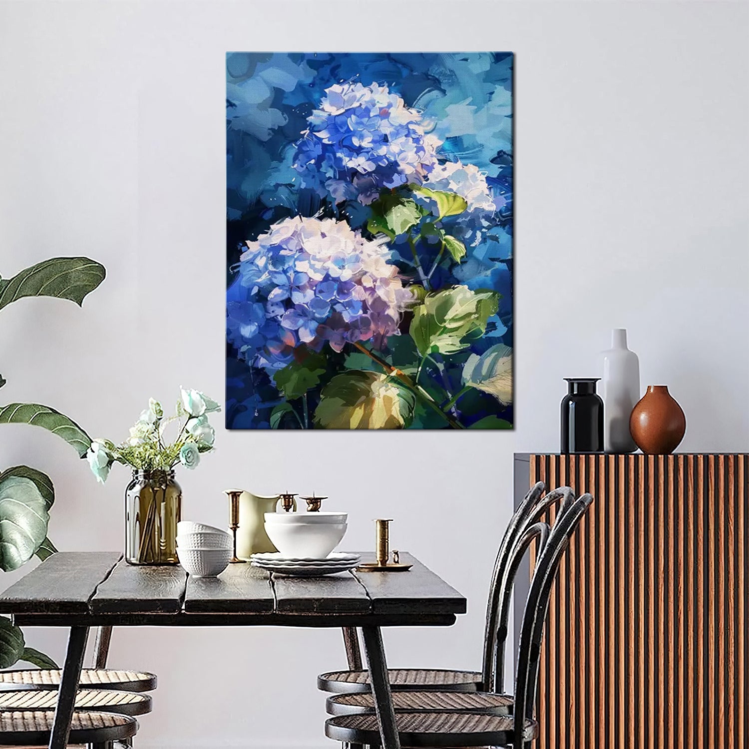 A hydrangea wall art painting in the dining room