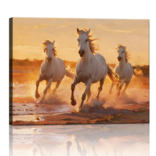 wall art canvas shows three white horses galloping in the water at sunset