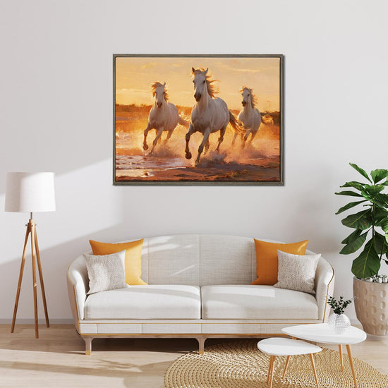 coffee frame wall art painting of three galloping white horses hanging on the wall in the simple and elegant living room