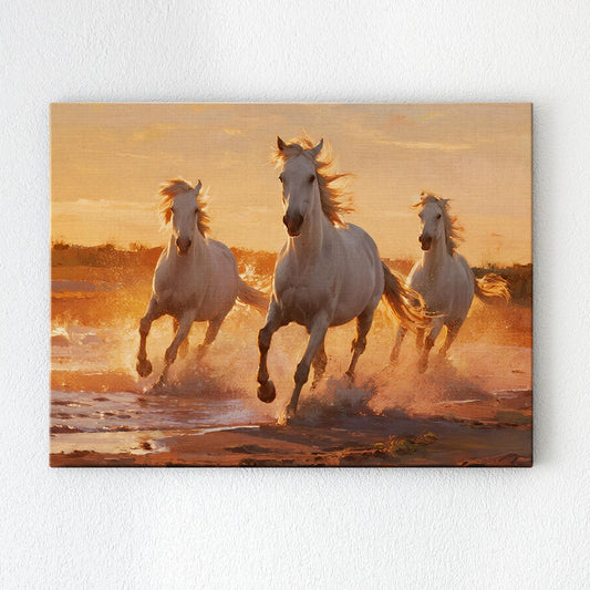 wall art canvas shows three white horses galloping in the water at sunset