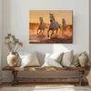 there is a wall art painting of three galloping white horses hanging on the wall in the simple and elegant living room