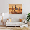 wall art painting of three galloping white horses hanging on the wall in the simple and elegant living room