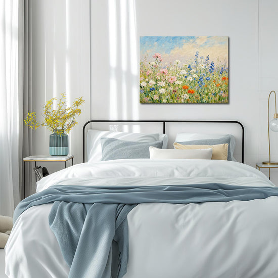 wall art canvas painting in the bedroom depicts a gorgeous sea of ​​flowers