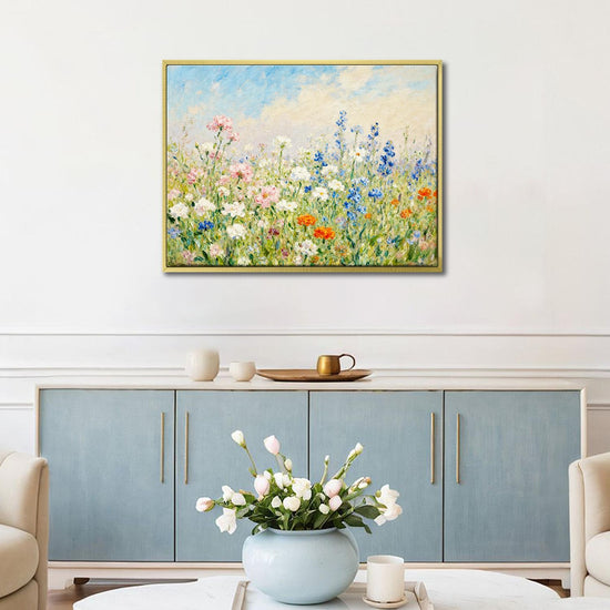 gold frame wall art canvas painting depicts a gorgeous sea of ​​flowers