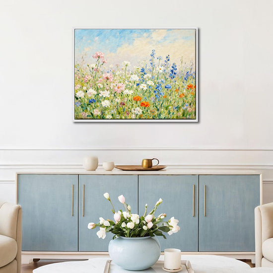 white frame wall art canvas painting depicts a gorgeous sea of ​​flowers