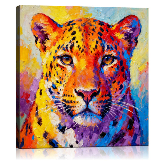 wall art canvas painting depicts a vibrantly colored leopard.