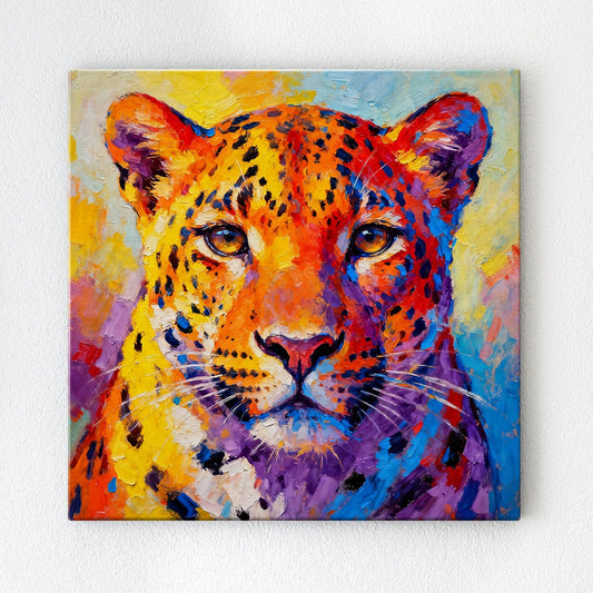 wall art canvas painting depicts a vibrantly colored leopard