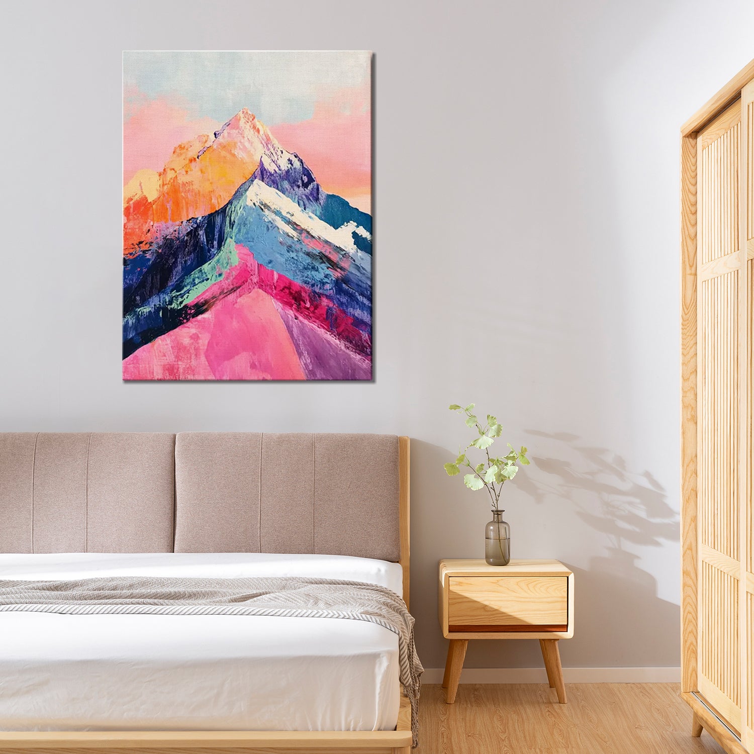 abstract colorful mountains wall art painting above the bed