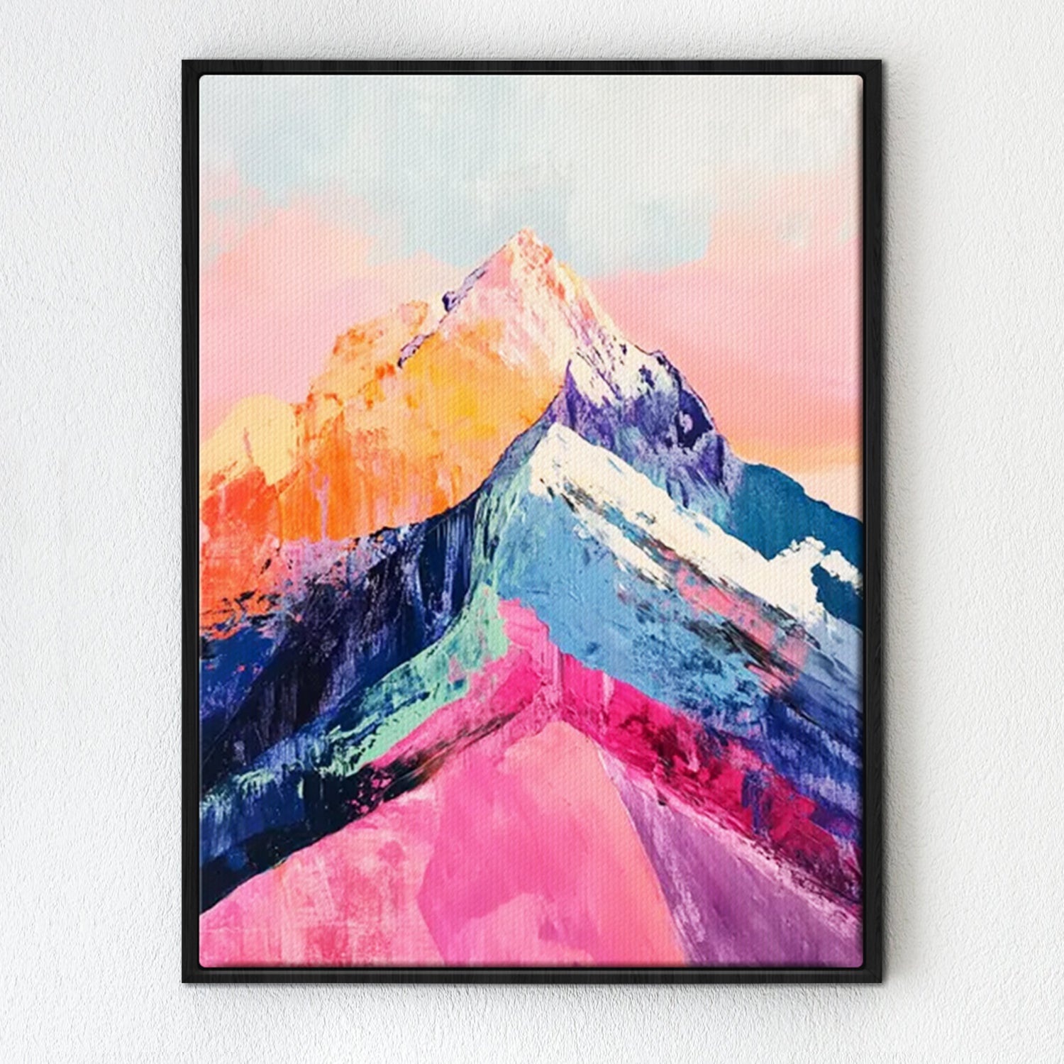 black frame abstract colorful mountains wall art painting in the living room