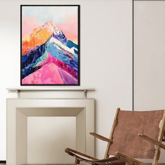 black frame abstract colorful mountains wall art canvas in the living room