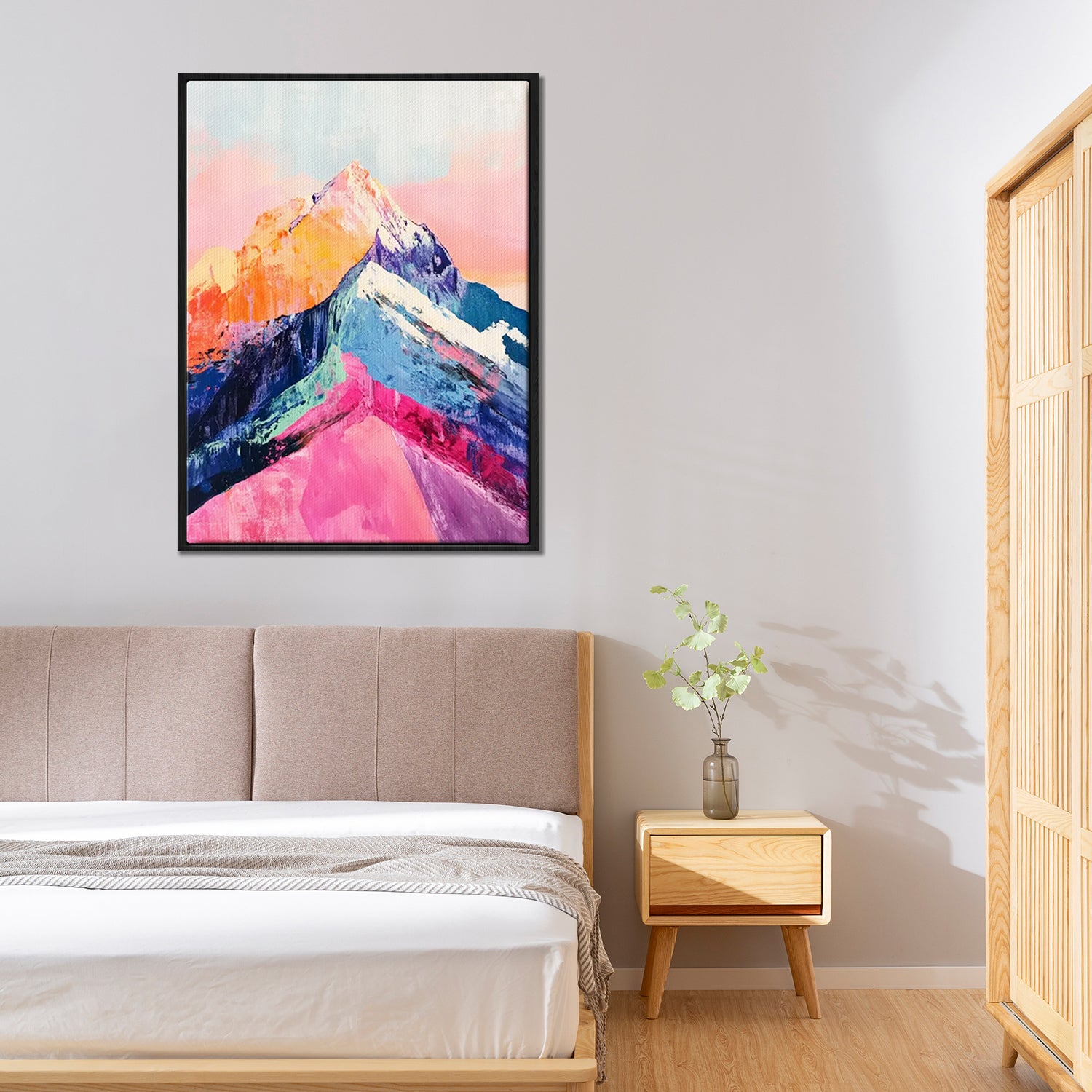 black frame abstract colorful mountains wall art canvas in the bedroom